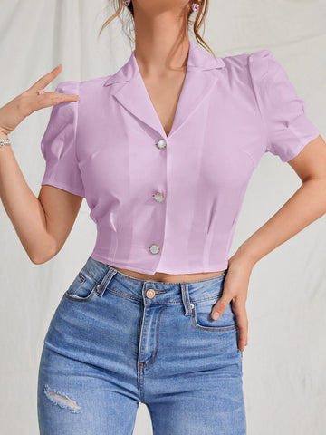 MOD Lapel Collar Puff Sleeve Button Up Blouse shein