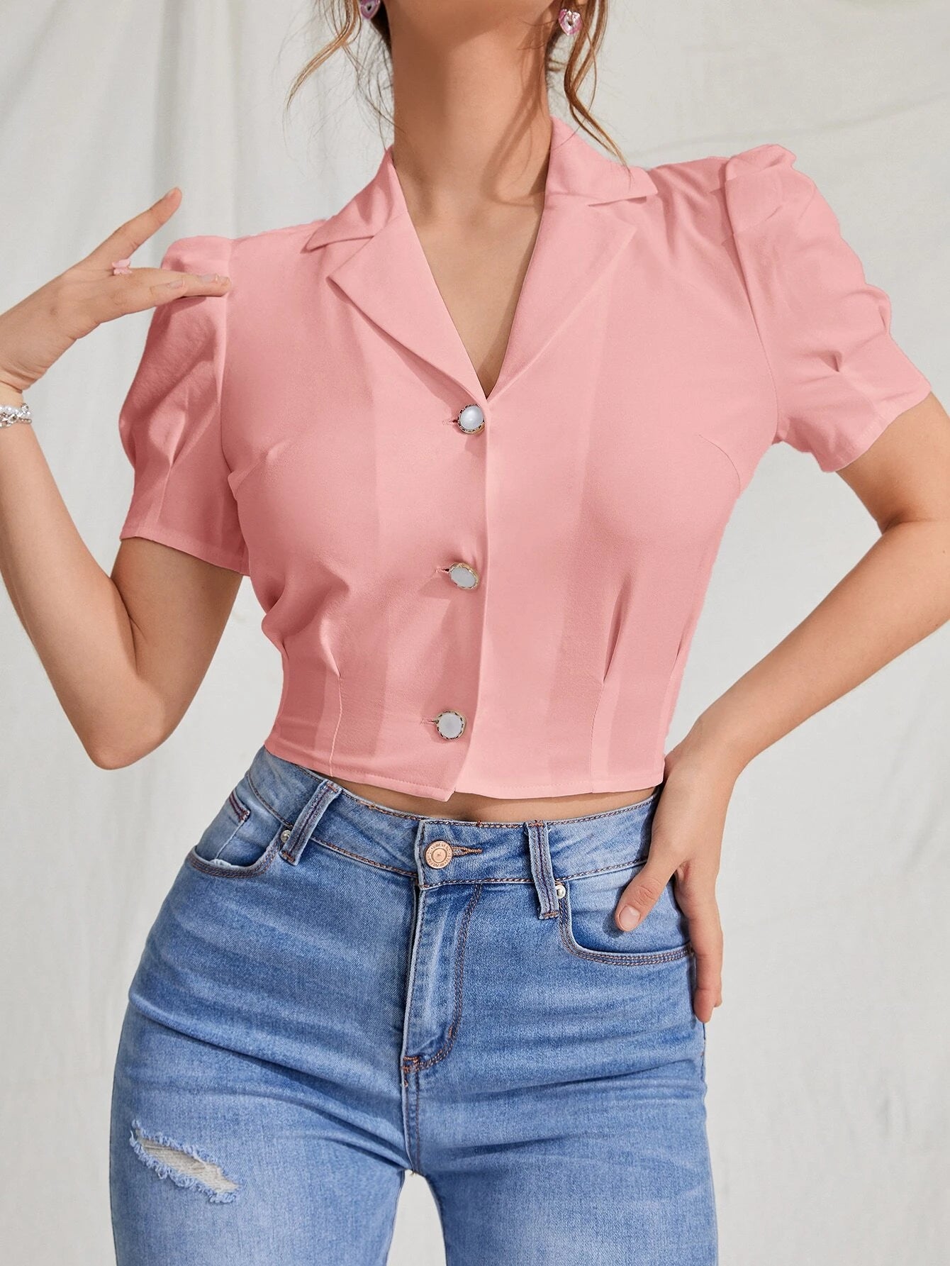 MOD Lapel Collar Puff Sleeve Button Up Blouse shein