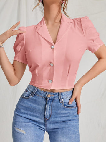 MOD Lapel Collar Puff Sleeve Button Up Blouse shein