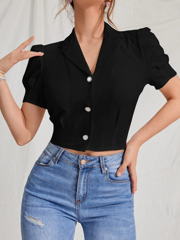 MOD Lapel Collar Puff Sleeve Button Up Blouse shein