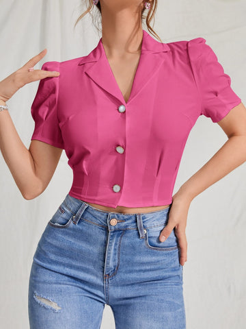 MOD Lapel Collar Puff Sleeve Button Up Blouse shein