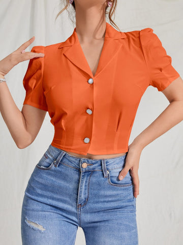 MOD Lapel Collar Puff Sleeve Button Up Blouse shein