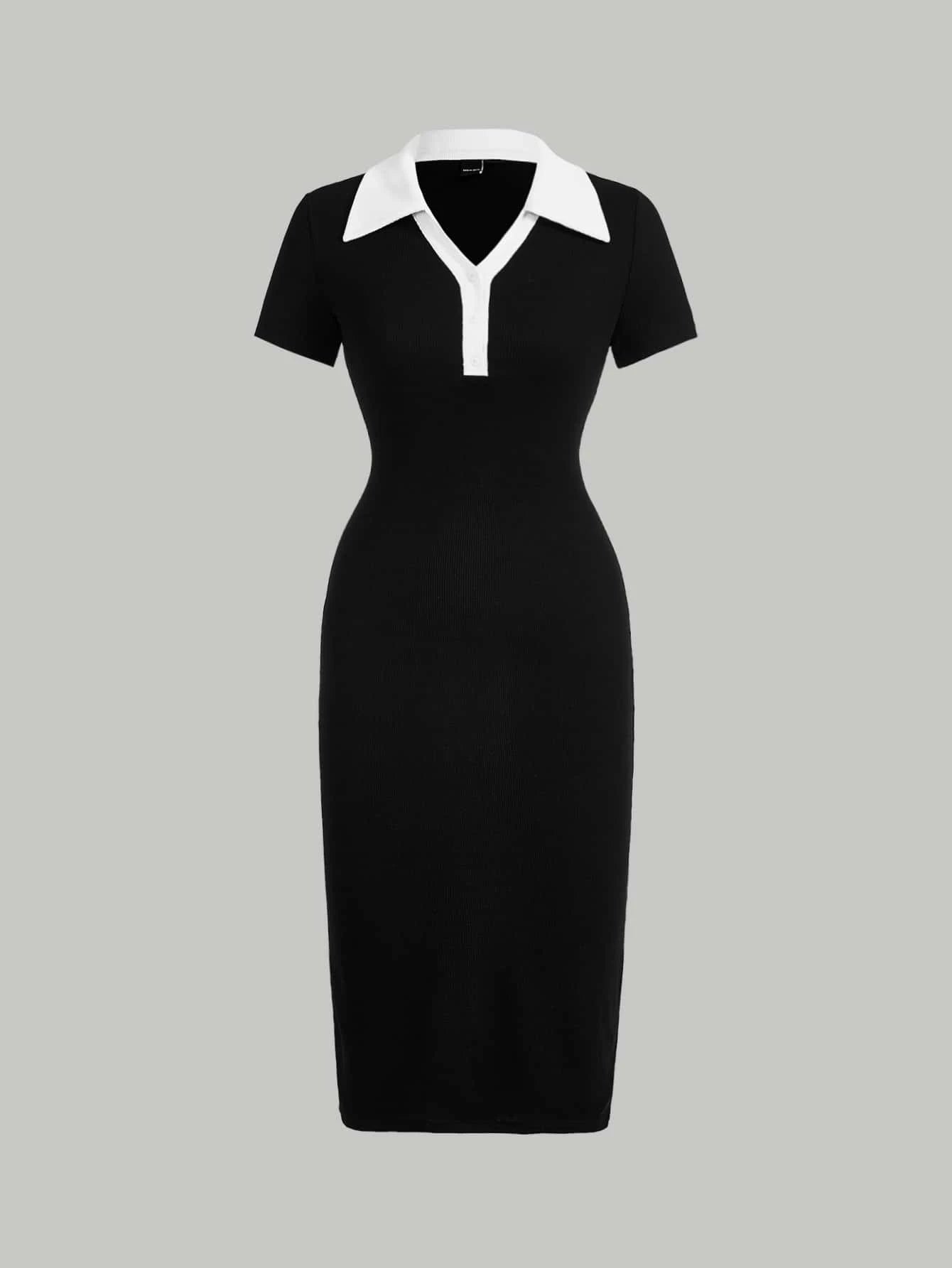 MOD Preppy Style Black And White Contrast Collar Button Front Dress shein