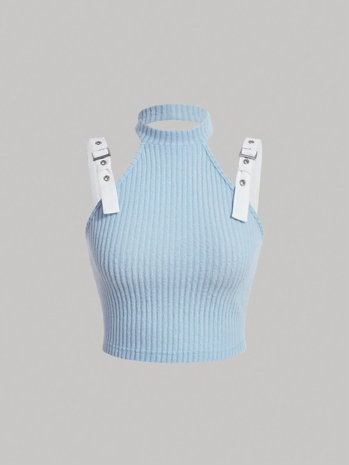 MOD Solid Buckle Detail Ribbed Knit Halter Top shein