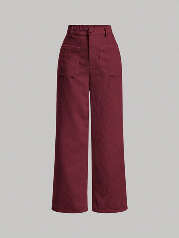 MOD Solid Corduroy Straight Leg Pants shein