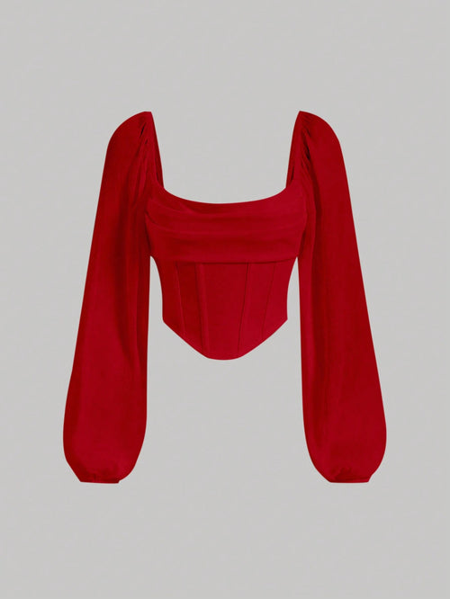 MOD Square Neck Lantern Sleeve Ruched Bandana Hem Crop Top shein