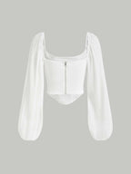 MOD Square Neck Lantern Sleeve Ruched Bandana Hem Crop Top shein