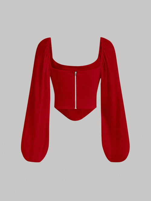 MOD Square Neck Lantern Sleeve Ruched Bandana Hem Crop Top shein