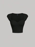 MOD Sweetheart Neck Ribbed Knit Black Cap Sleeve Cutoff Tee shein