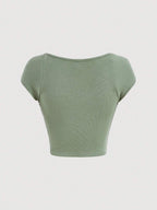 MOD Sweetheart Neck Ribbed Knit Black Cap Sleeve Cutoff Tee shein