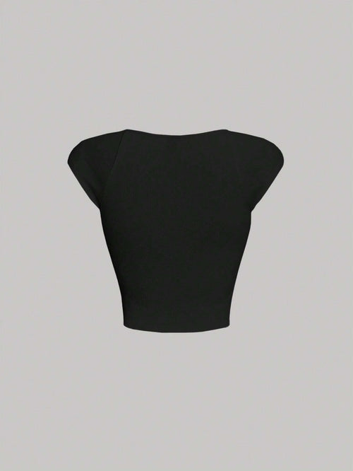 MOD Sweetheart Neck Ribbed Knit Black Cap Sleeve Cutoff Tee shein