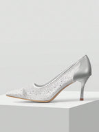 MOTF PREMIUM WOMEN'S FASHION MESH RHINESTONE BACKLESS POINTED TOE HIGH HEEL shein