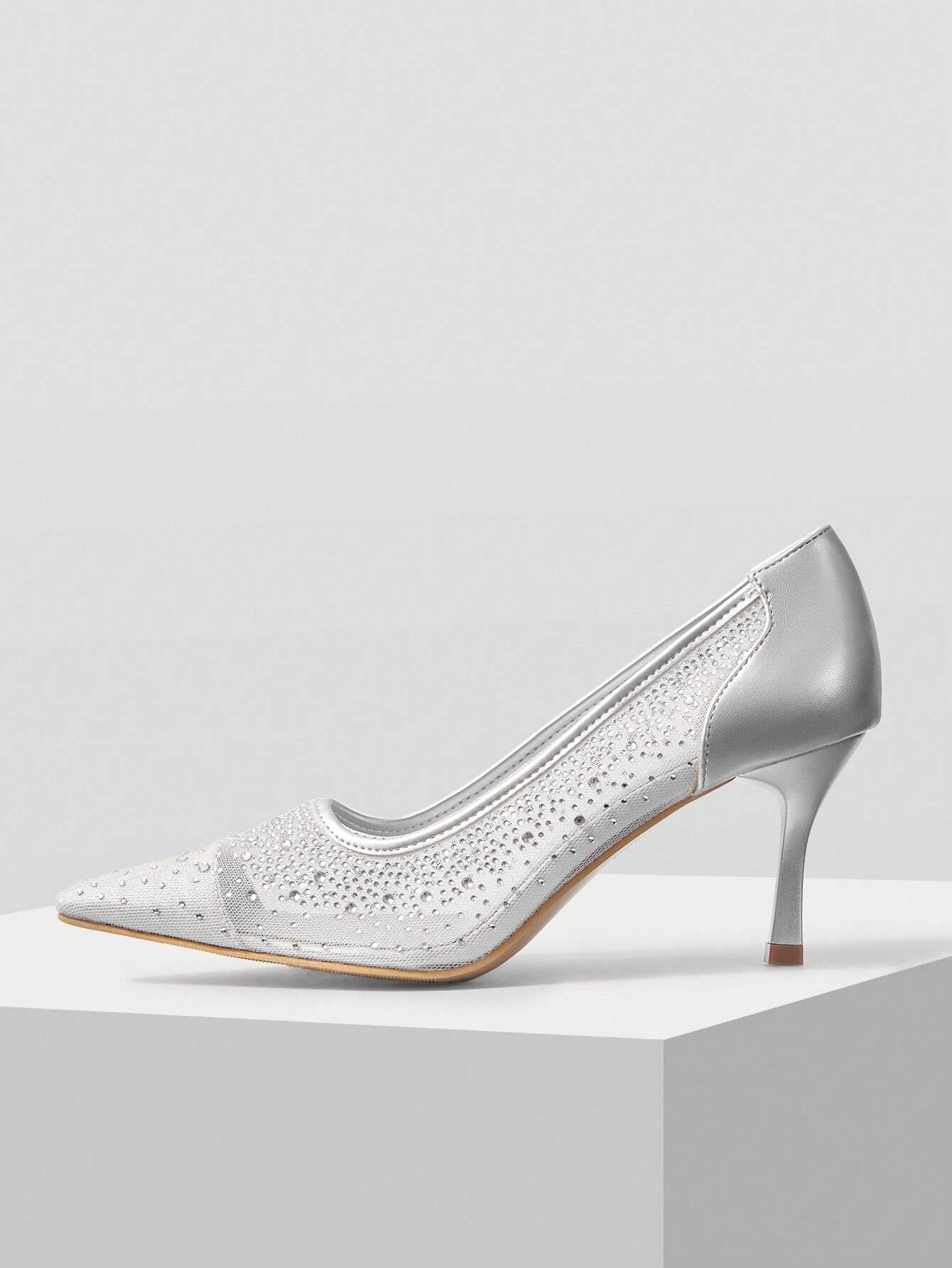MOTF PREMIUM WOMEN'S FASHION MESH RHINESTONE BACKLESS POINTED TOE HIGH HEEL shein