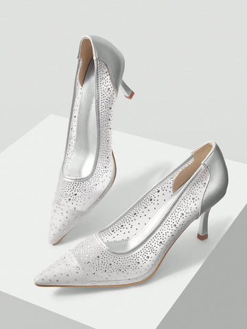 MOTF PREMIUM WOMEN'S FASHION MESH RHINESTONE BACKLESS POINTED TOE HIGH HEEL