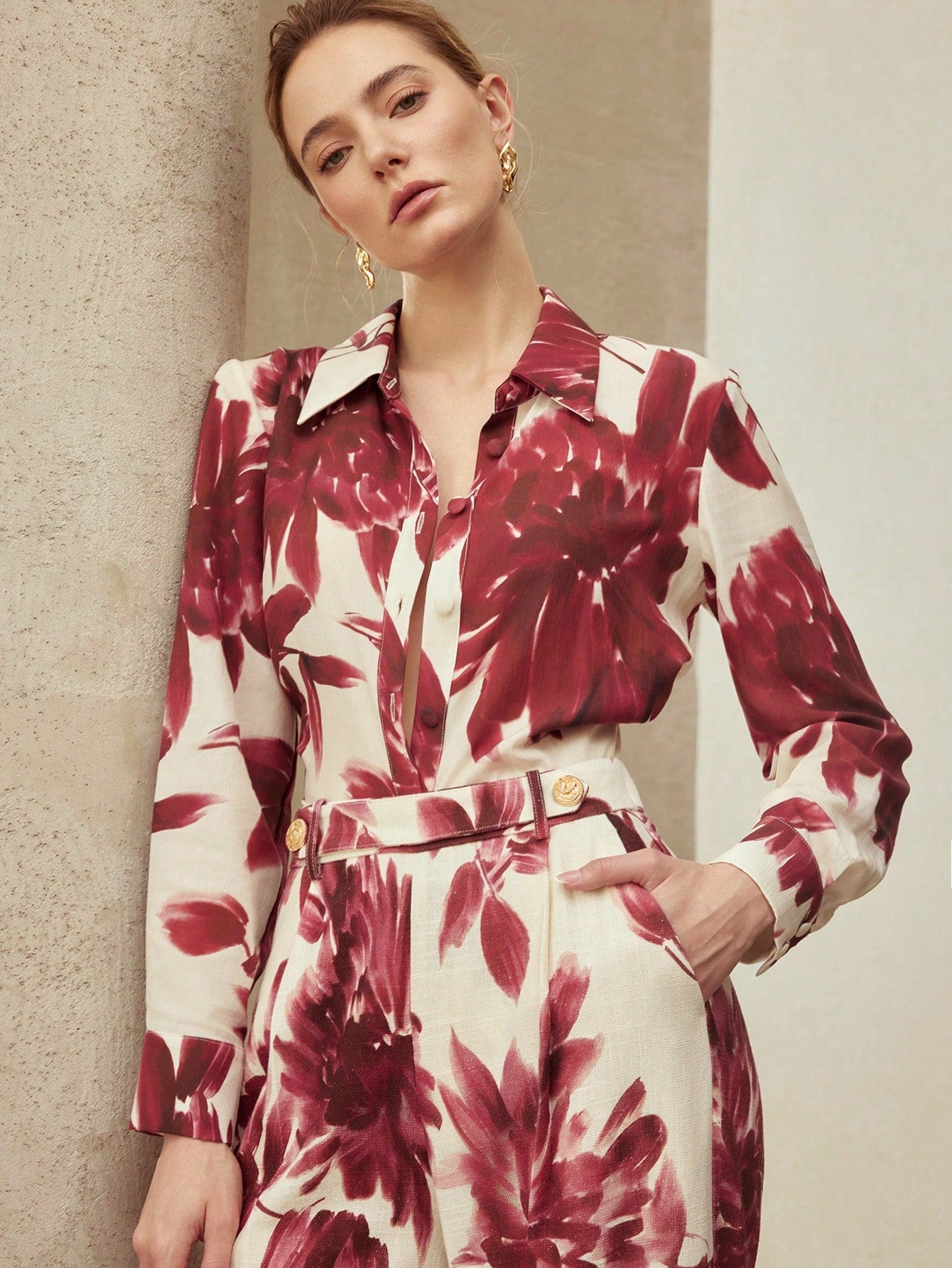 MOTF PREMIUM LINEN MINIMALIST FLORAL PRINT FITTED SHIRT shein