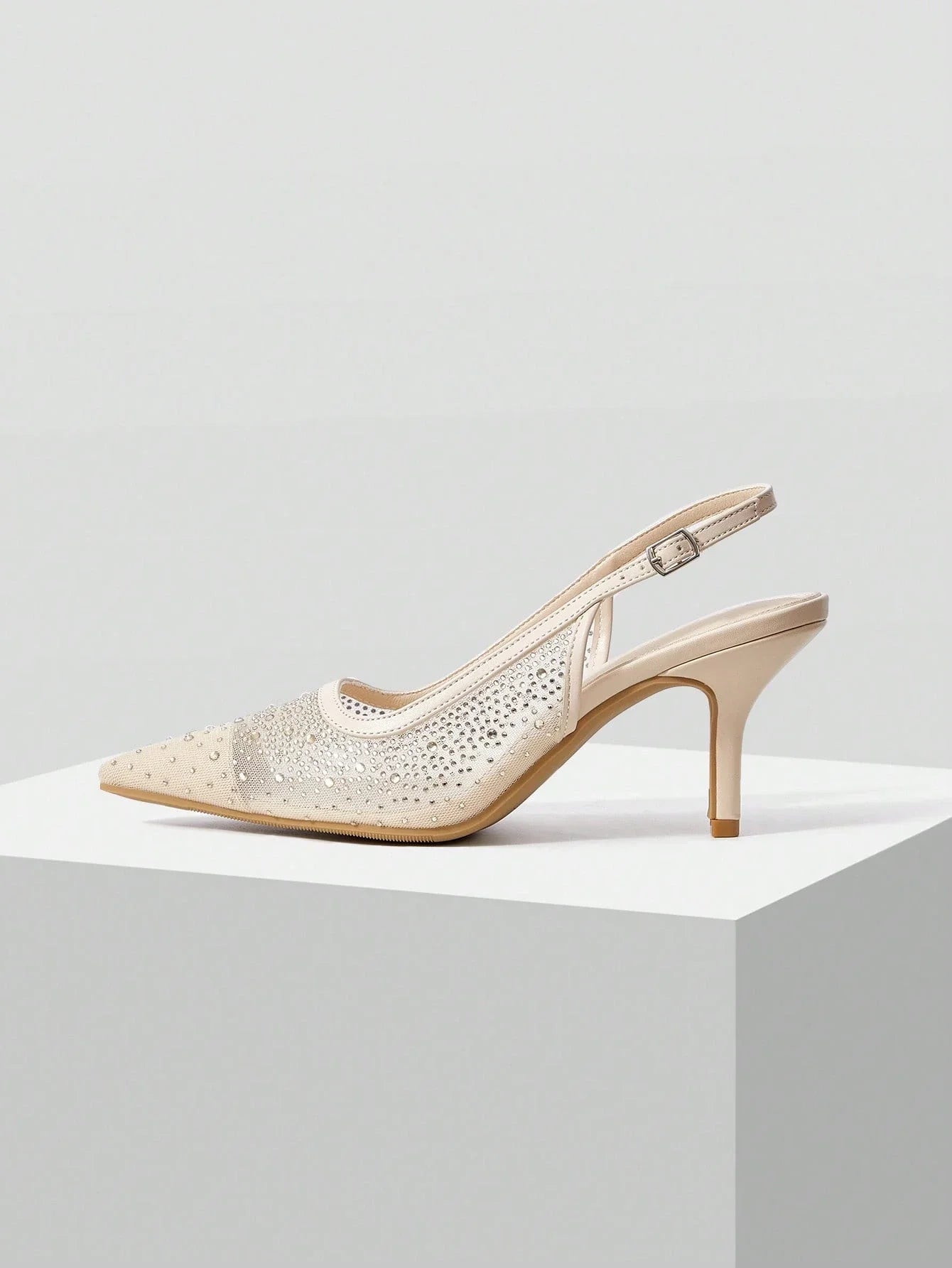 MOTF PREMIUM WOMEN'S FASHION MESH RHINESTONE BACKLESS POINTED TOE HIGH HEEL shein