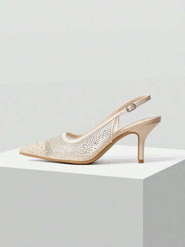 MOTF PREMIUM WOMEN'S FASHION MESH RHINESTONE BACKLESS POINTED TOE HIGH HEEL