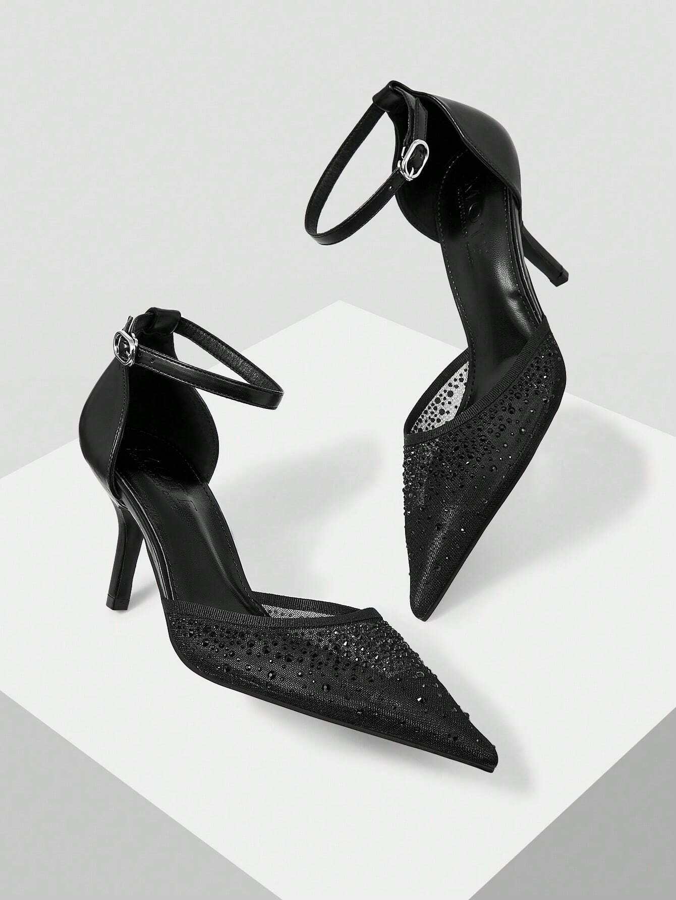 MOTF PREMIUM WOMEN'S FASHION MESH RHINESTONE BACKLESS POINTED TOE HIGH HEEL shein