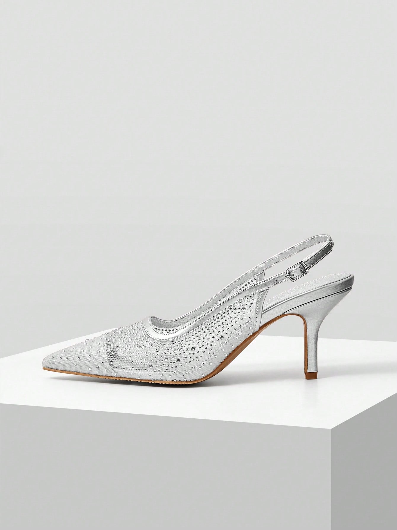 MOTF PREMIUM WOMEN'S FASHION MESH RHINESTONE BACKLESS POINTED TOE HIGH HEEL shein