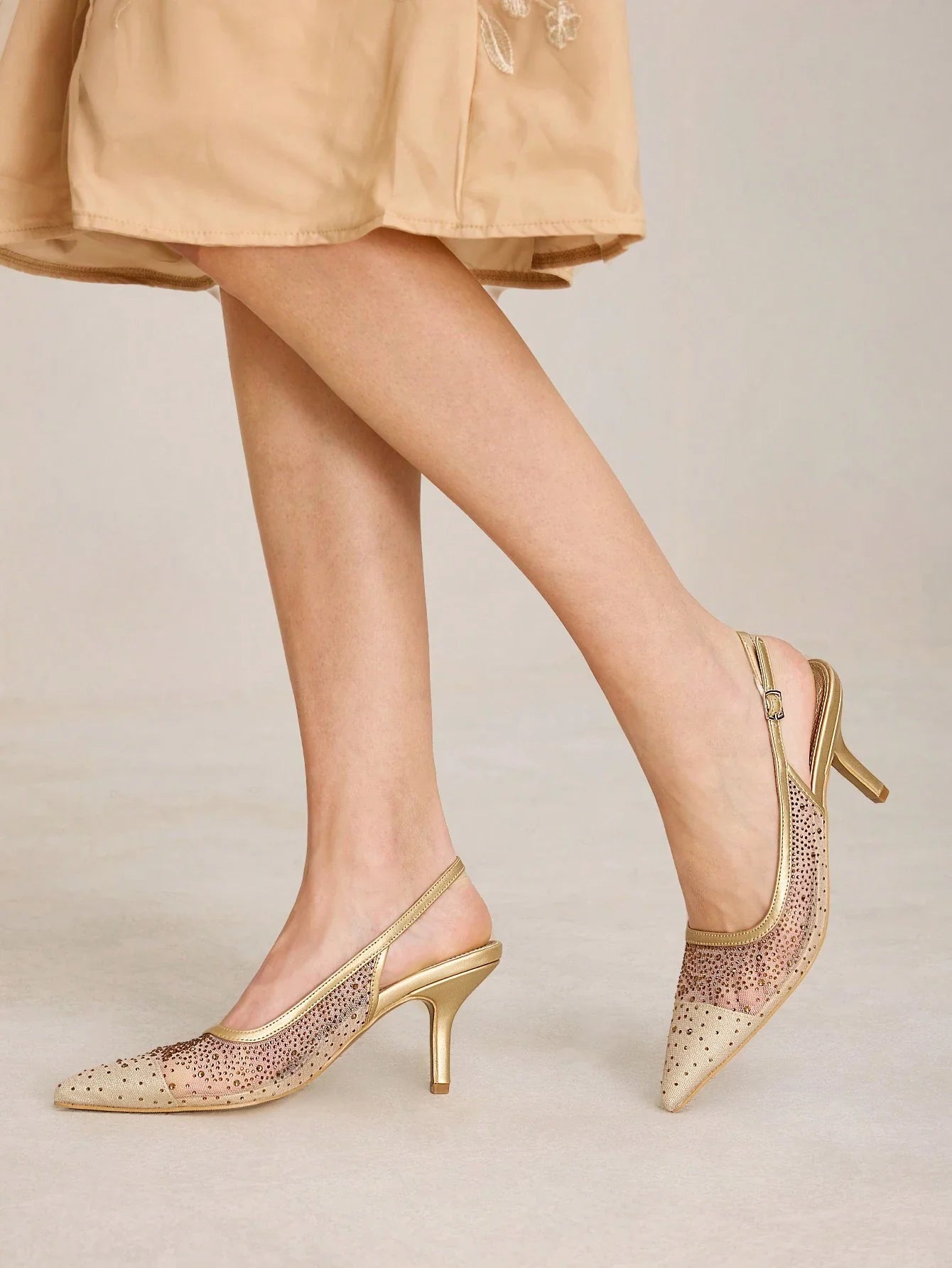 MOTF PREMIUM WOMEN'S FASHION MESH RHINESTONE BACKLESS POINTED TOE HIGH HEEL shein