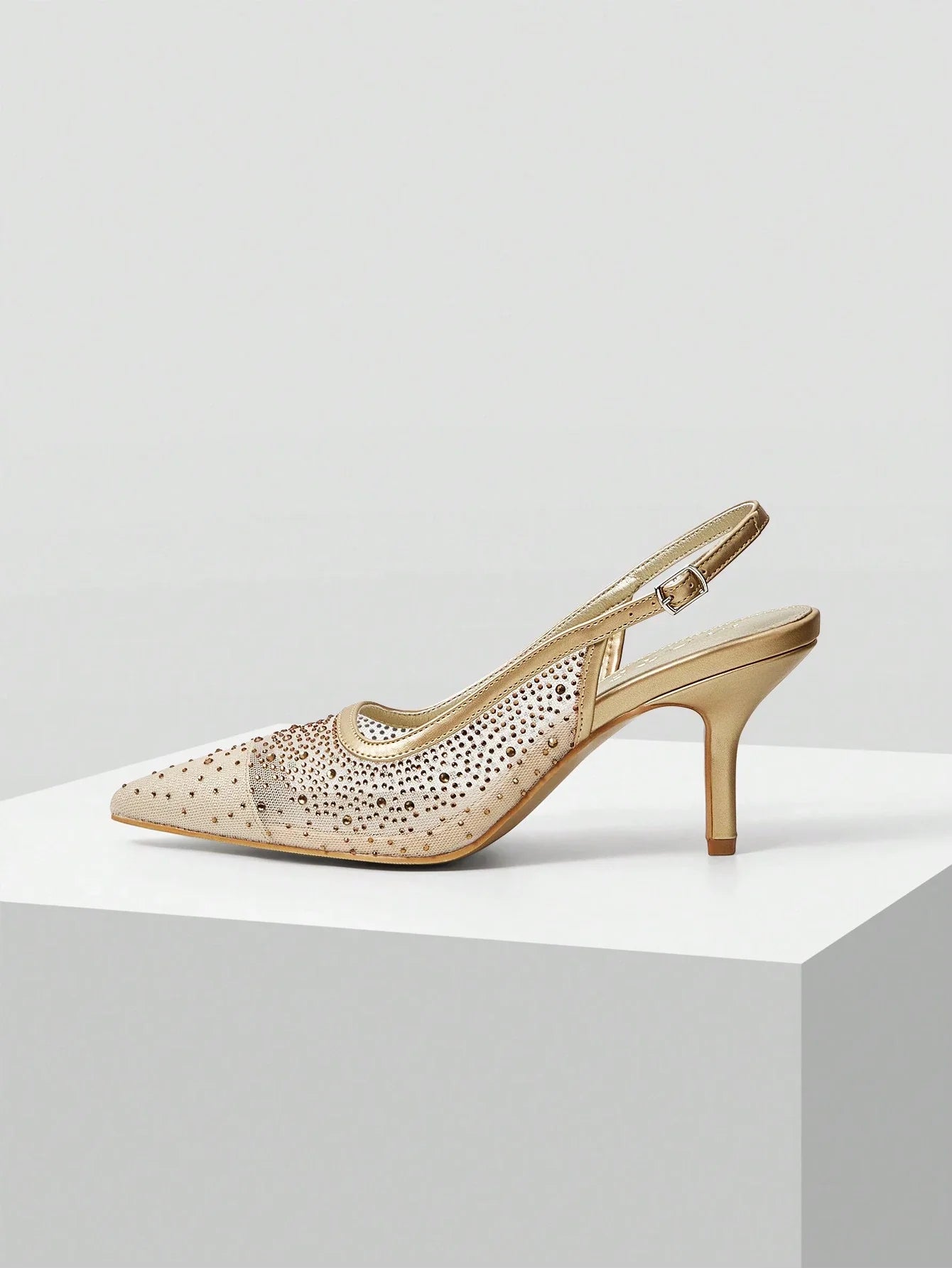 MOTF PREMIUM WOMEN'S FASHION MESH RHINESTONE BACKLESS POINTED TOE HIGH HEEL shein
