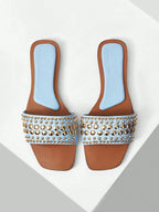 MOTF PREMIUM SQUARE TOE CONTRAST TRIM STUDDED FLAT SANDALS shein