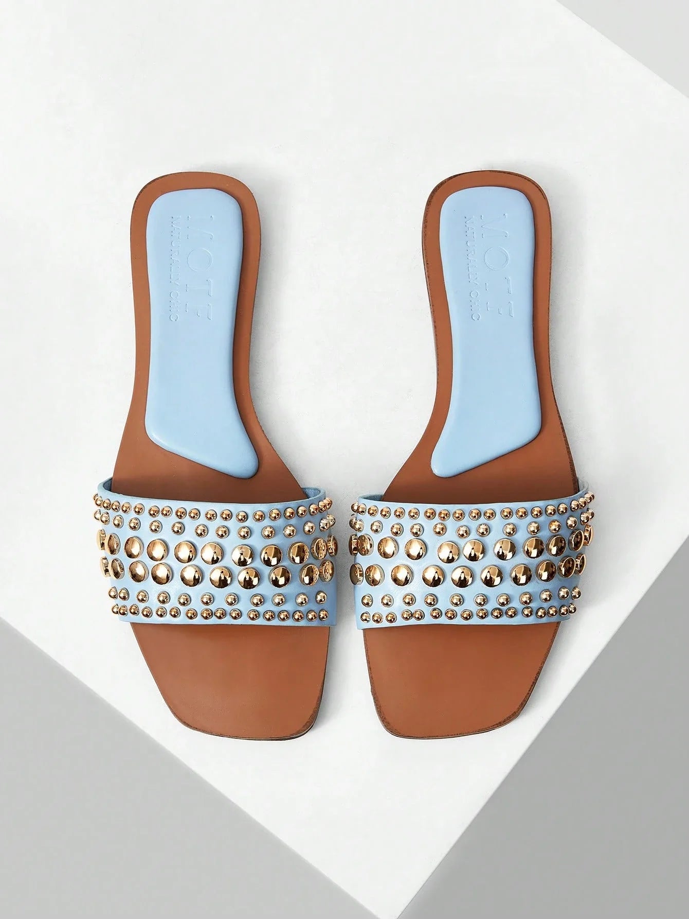 MOTF PREMIUM SQUARE TOE CONTRAST TRIM STUDDED FLAT SANDALS shein