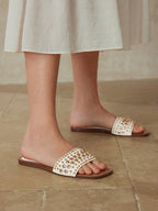 MOTF PREMIUM SQUARE TOE CONTRAST TRIM STUDDED FLAT SANDALS shein