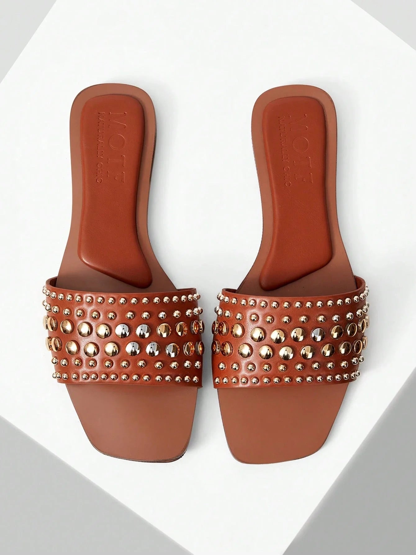 MOTF PREMIUM SQUARE TOE CONTRAST TRIM STUDDED FLAT SANDALS shein