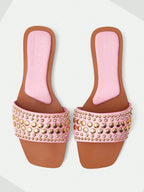 MOTF PREMIUM SQUARE TOE CONTRAST TRIM STUDDED FLAT SANDALS shein