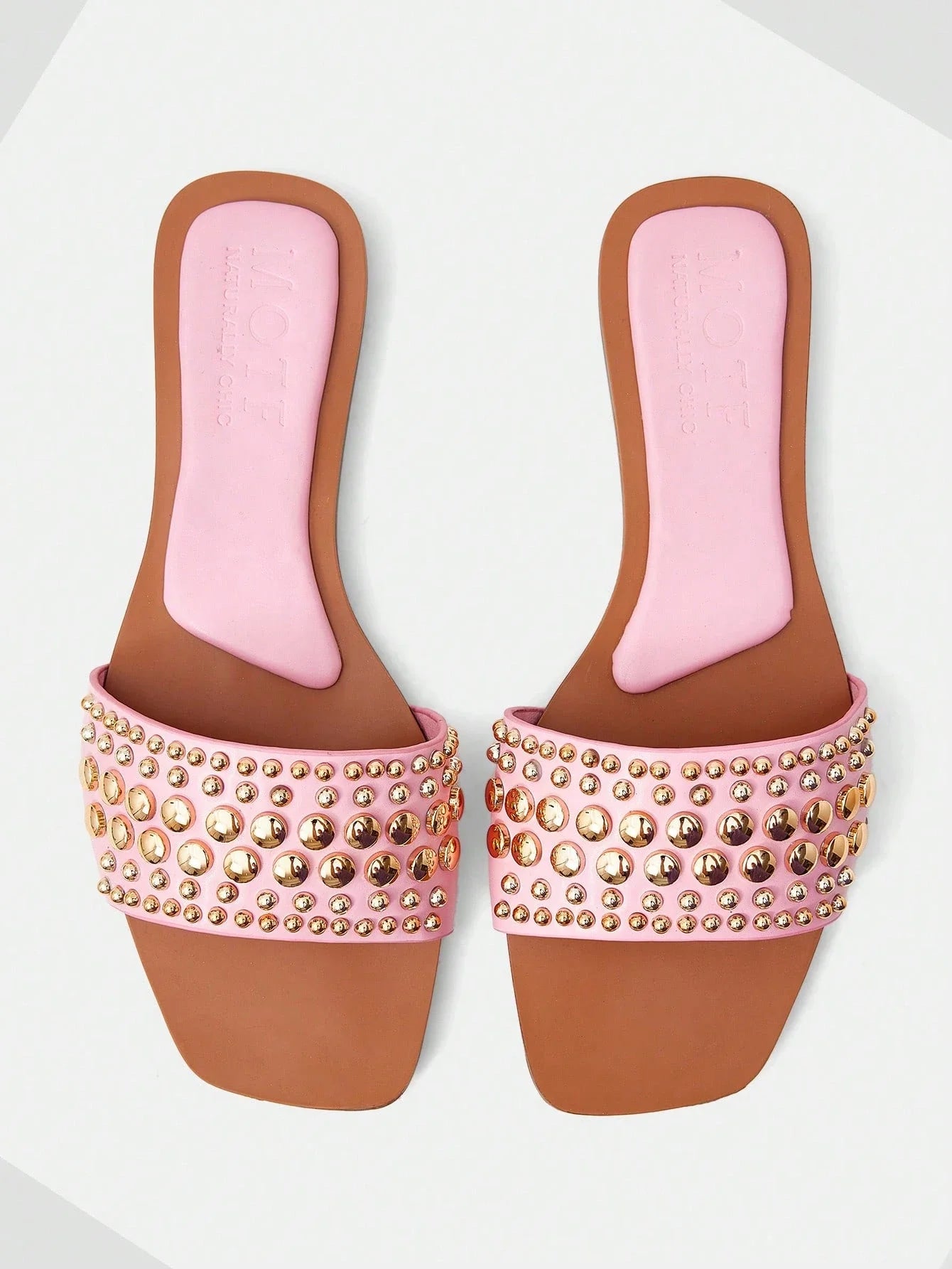 MOTF PREMIUM SQUARE TOE CONTRAST TRIM STUDDED FLAT SANDALS shein
