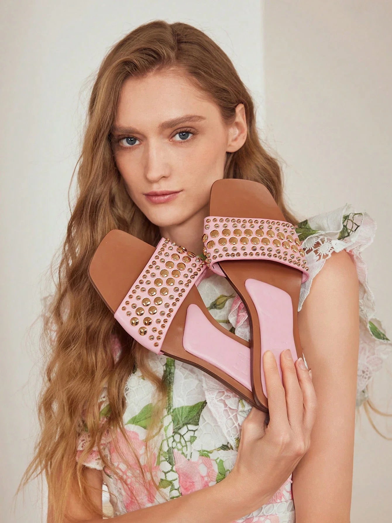 MOTF PREMIUM SQUARE TOE CONTRAST TRIM STUDDED FLAT SANDALS shein