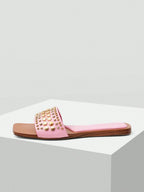 MOTF PREMIUM SQUARE TOE CONTRAST TRIM STUDDED FLAT SANDALS shein