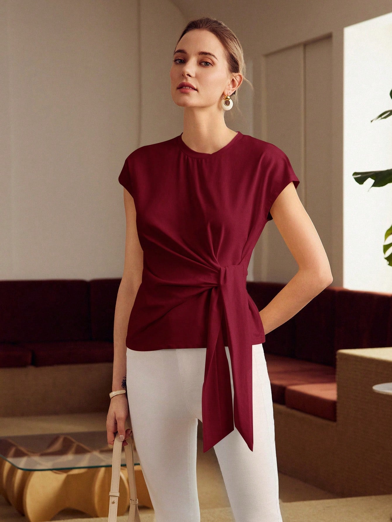 PREMIUM KNOT FRONT CAP SLEEVE T-SHIRT shein