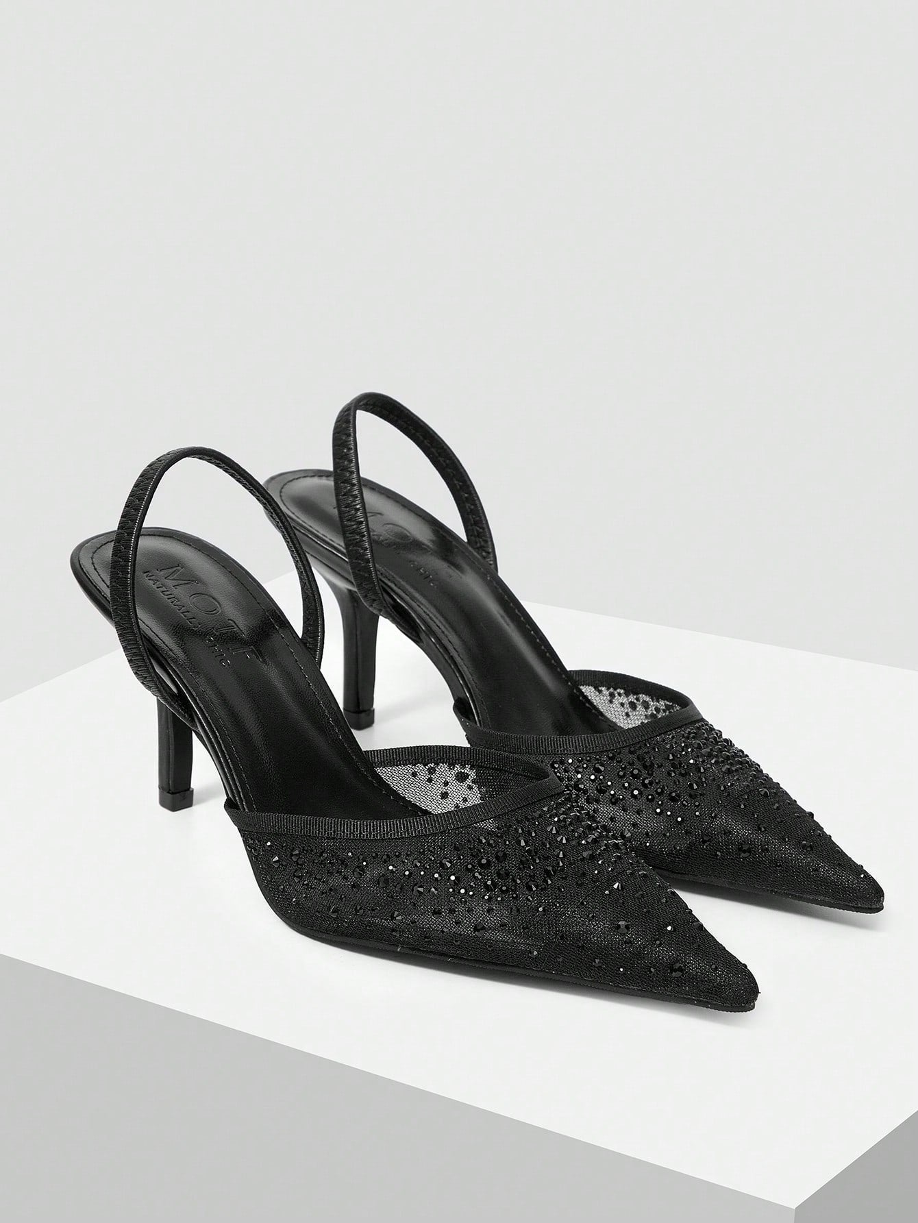 MOTF PREMIUM WOMEN'S FASHION MESH RHINESTONE BACKLESS POINTED TOE HIGH HEEL shein