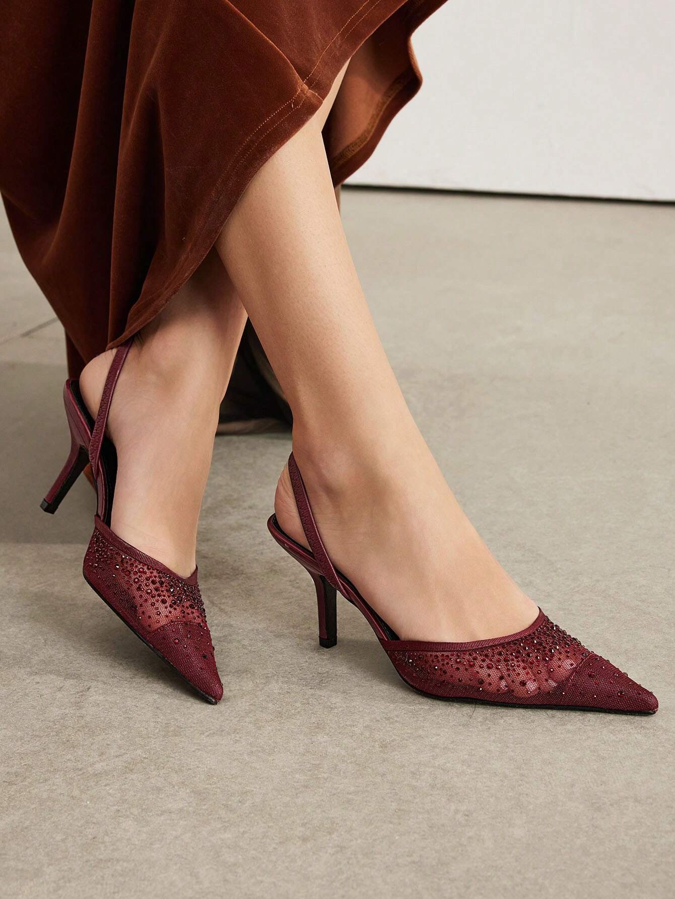 MOTF PREMIUM WOMEN'S FASHION MESH RHINESTONE BACKLESS POINTED TOE HIGH HEEL shein