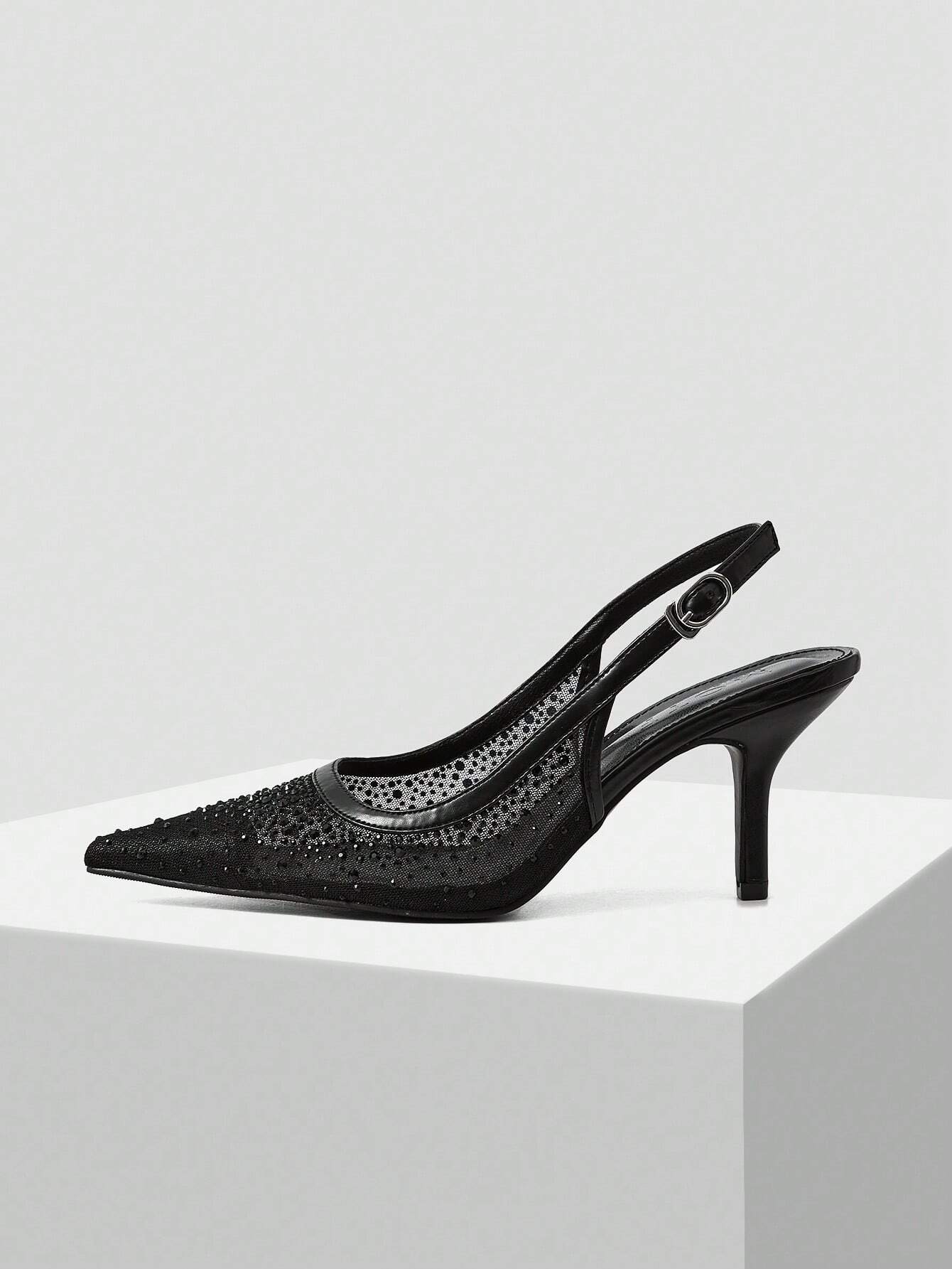 MOTF PREMIUM WOMEN'S FASHION MESH RHINESTONE BACKLESS POINTED TOE HIGH HEEL shein