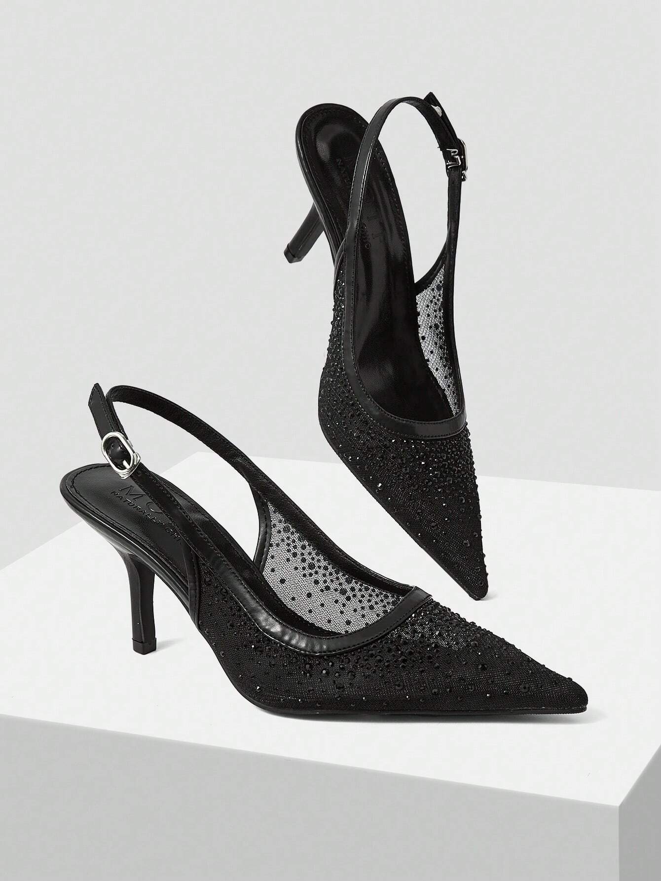 MOTF PREMIUM WOMEN'S FASHION MESH RHINESTONE BACKLESS POINTED TOE HIGH HEEL shein