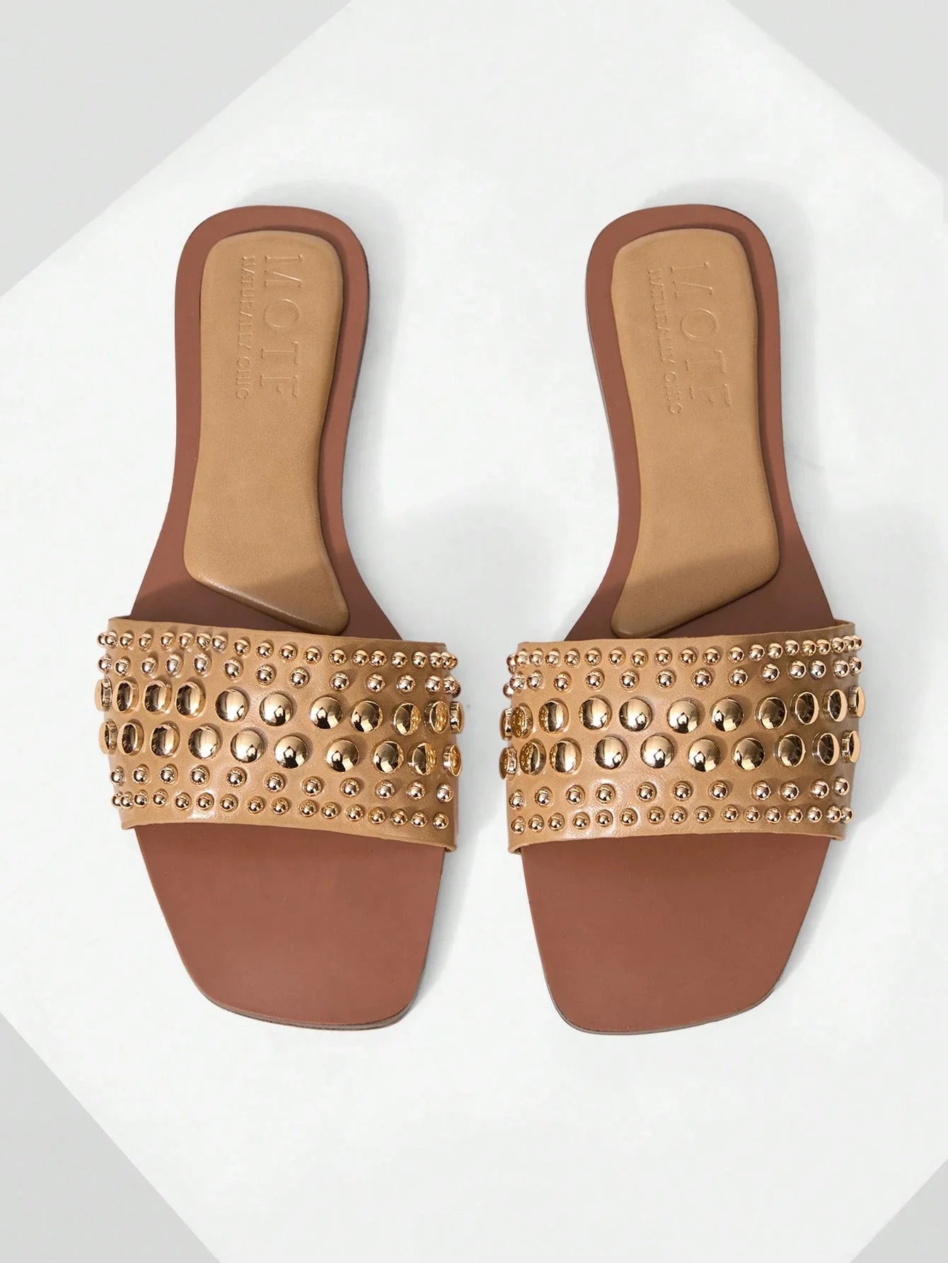 MOTF PREMIUM SQUARE TOE CONTRAST TRIM STUDDED FLAT SANDALS shein