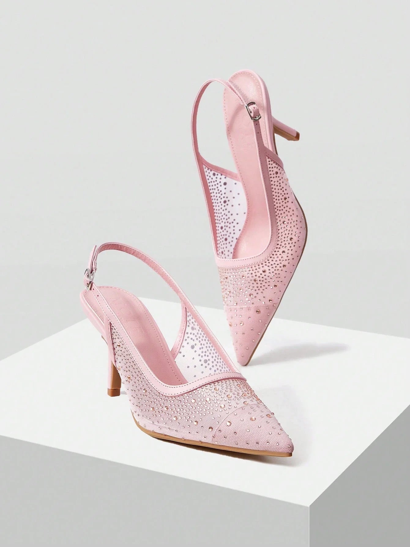 MOTF PREMIUM WOMEN'S FASHION MESH RHINESTONE BACKLESS POINTED TOE HIGH HEEL shein