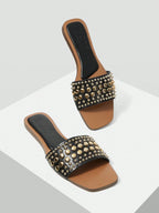 MOTF PREMIUM SQUARE TOE CONTRAST TRIM STUDDED FLAT SANDALS shein