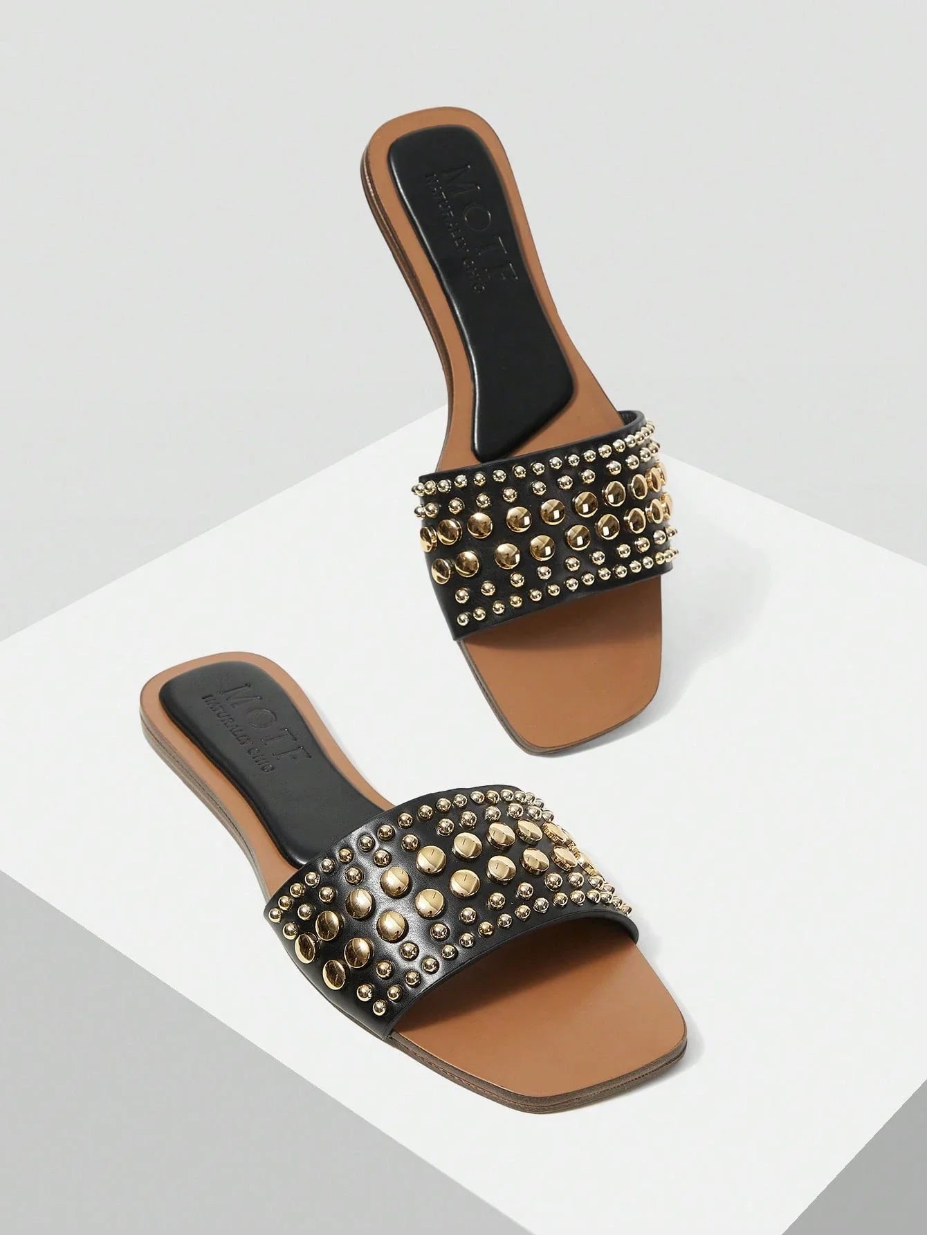 MOTF PREMIUM SQUARE TOE CONTRAST TRIM STUDDED FLAT SANDALS shein