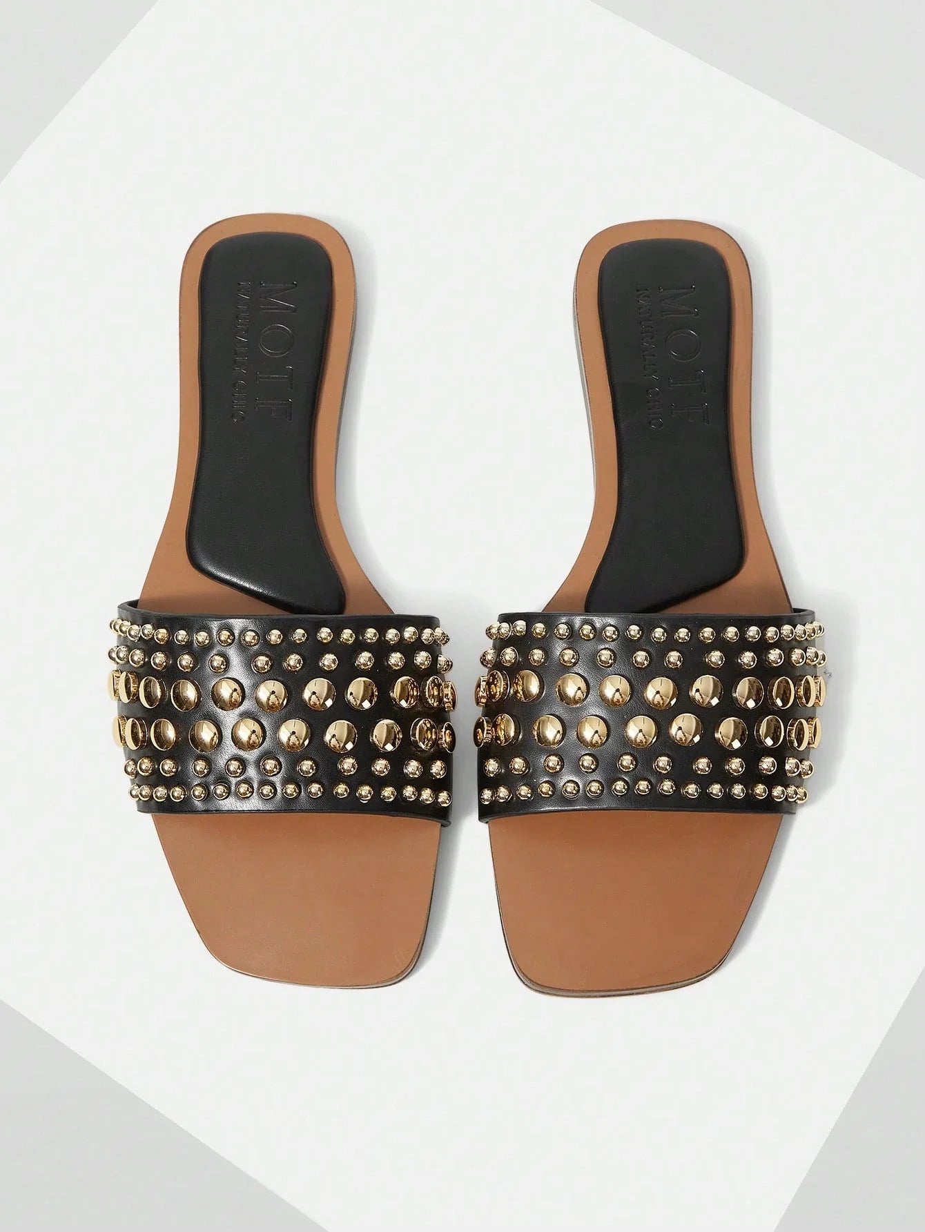 MOTF PREMIUM SQUARE TOE CONTRAST TRIM STUDDED FLAT SANDALS shein