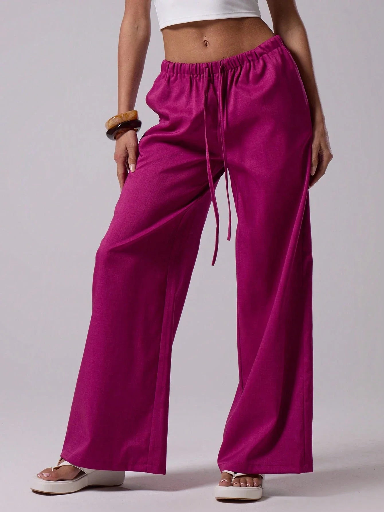 Textured Linen Feel Tie Waist Trouser shein