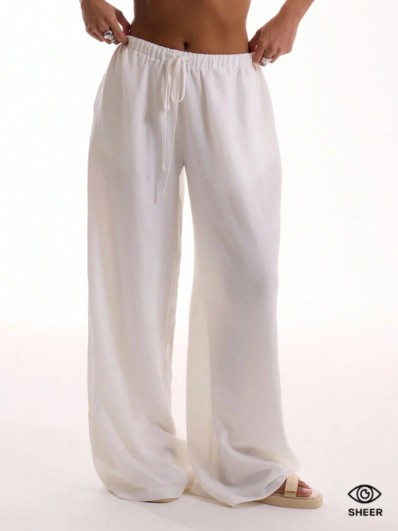 Textured Linen Feel Tie Waist Trouser shein