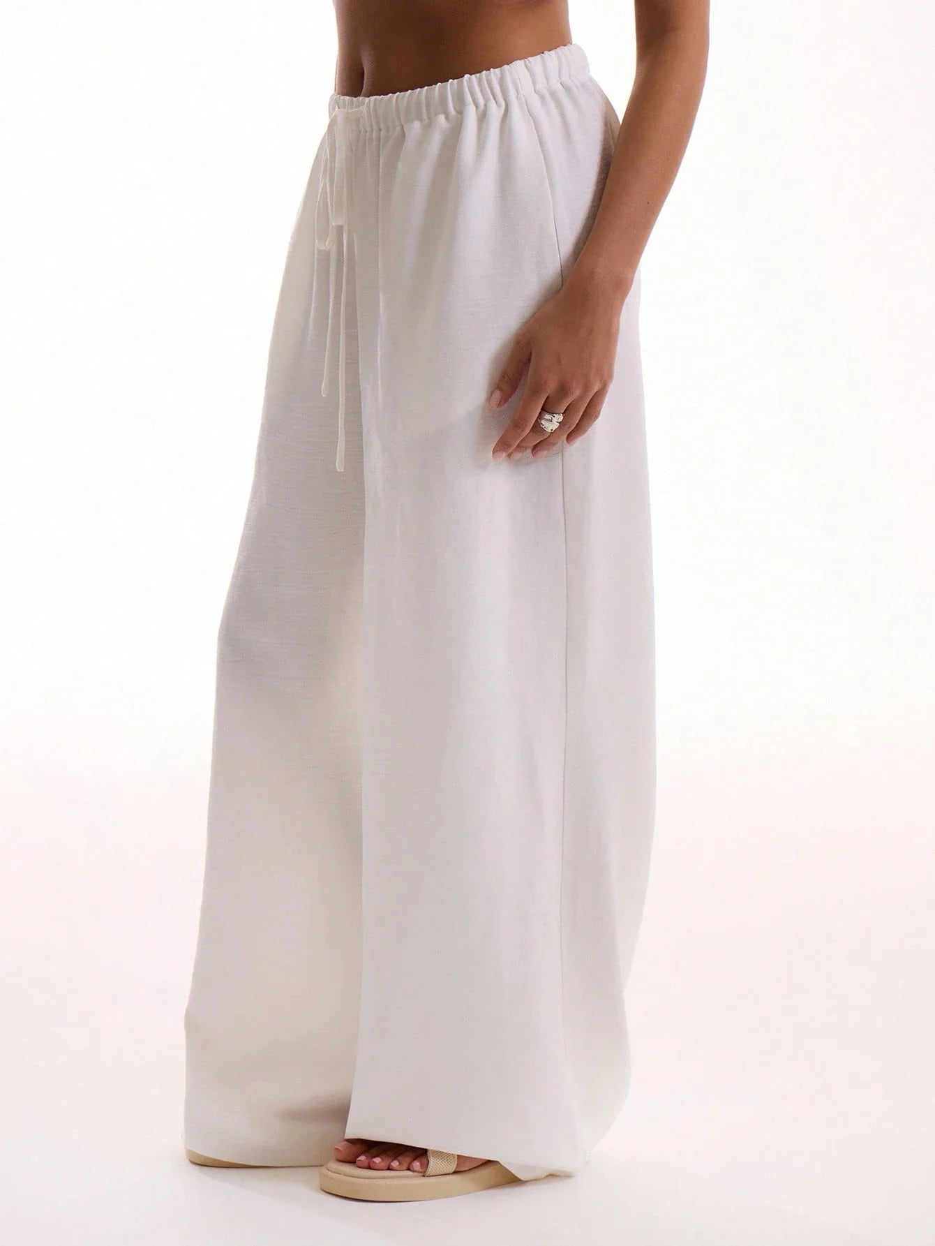 Textured Linen Feel Tie Waist Trouser shein