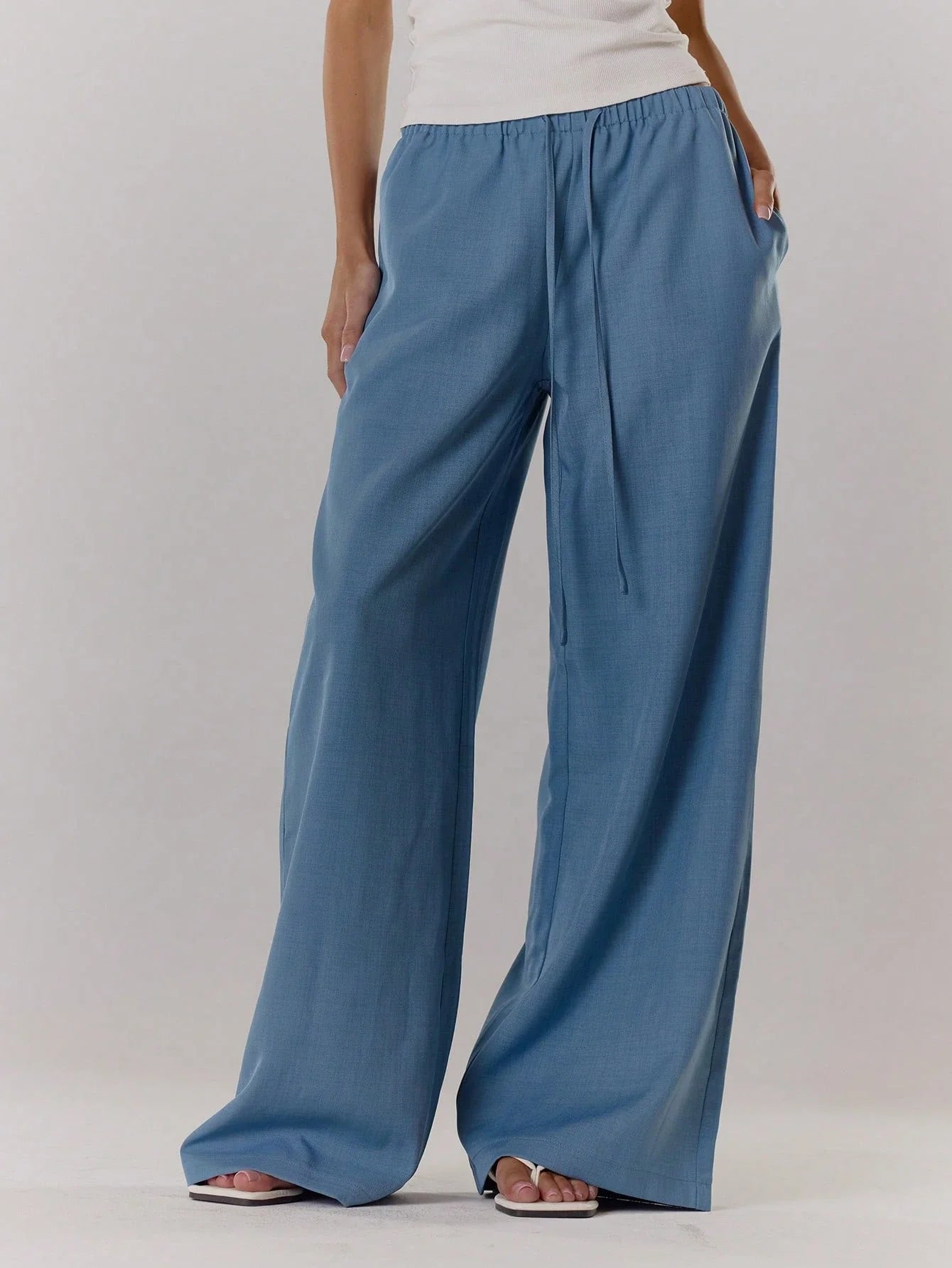 Textured Linen Feel Tie Waist Trouser shein