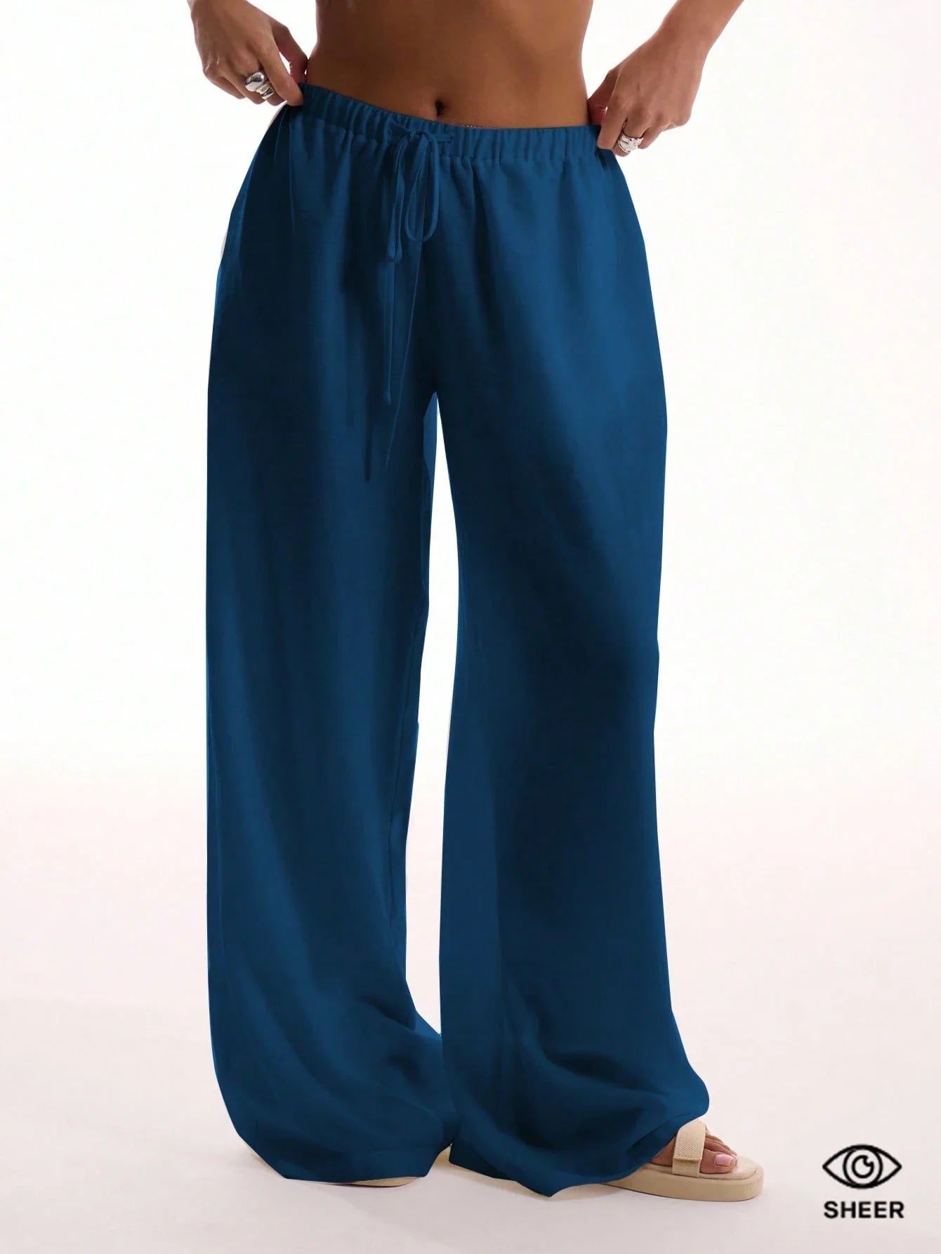Textured Linen Feel Tie Waist Trouser shein