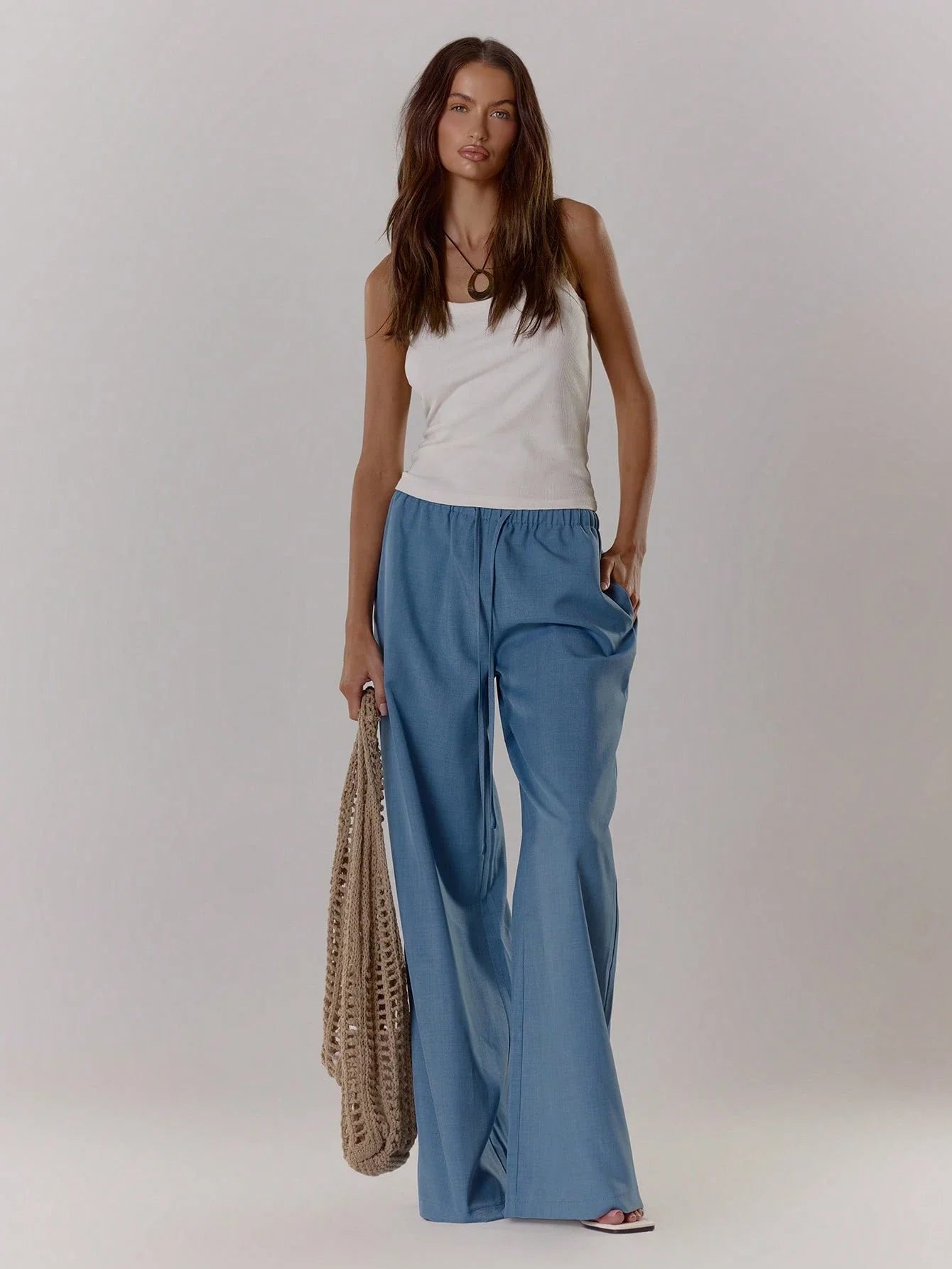 Textured Linen Feel Tie Waist Trouser shein