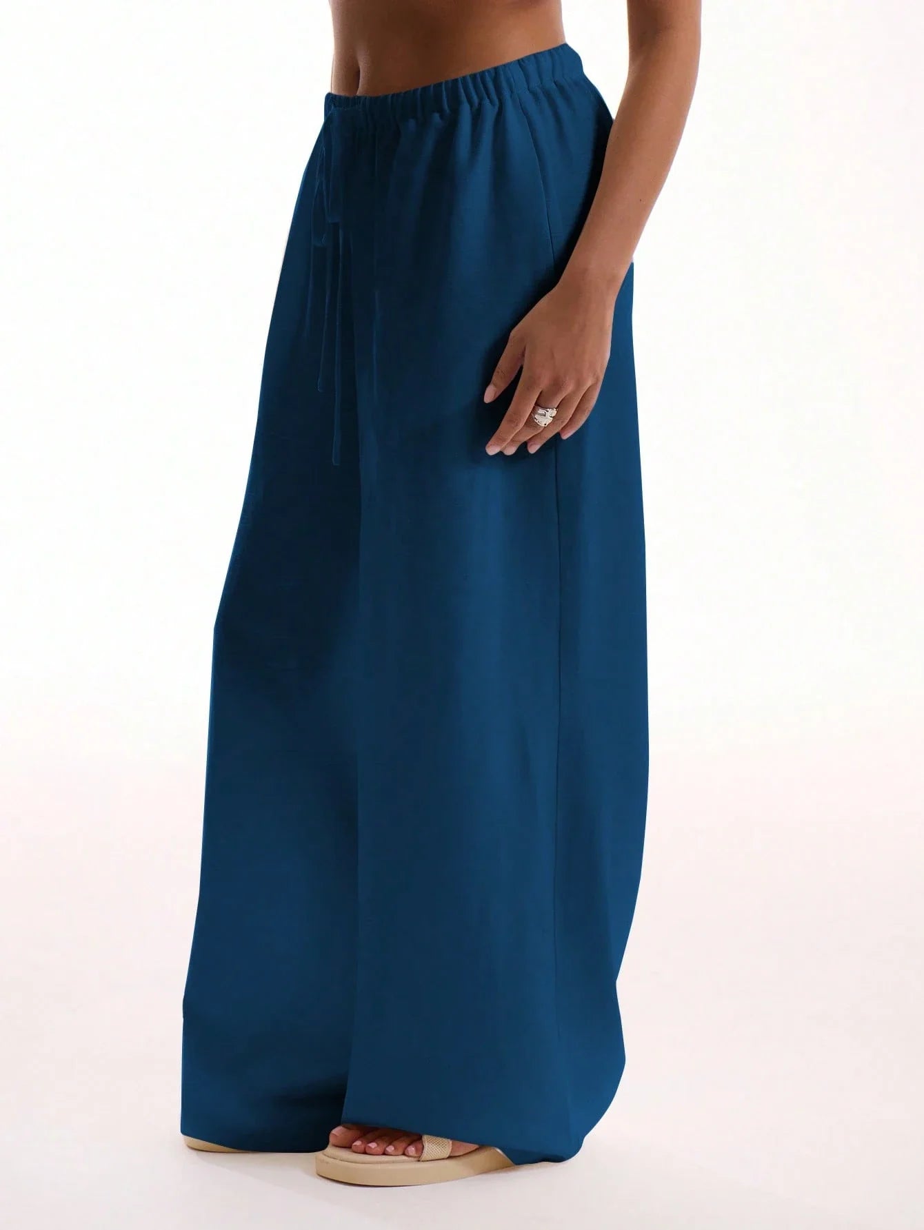 Textured Linen Feel Tie Waist Trouser shein